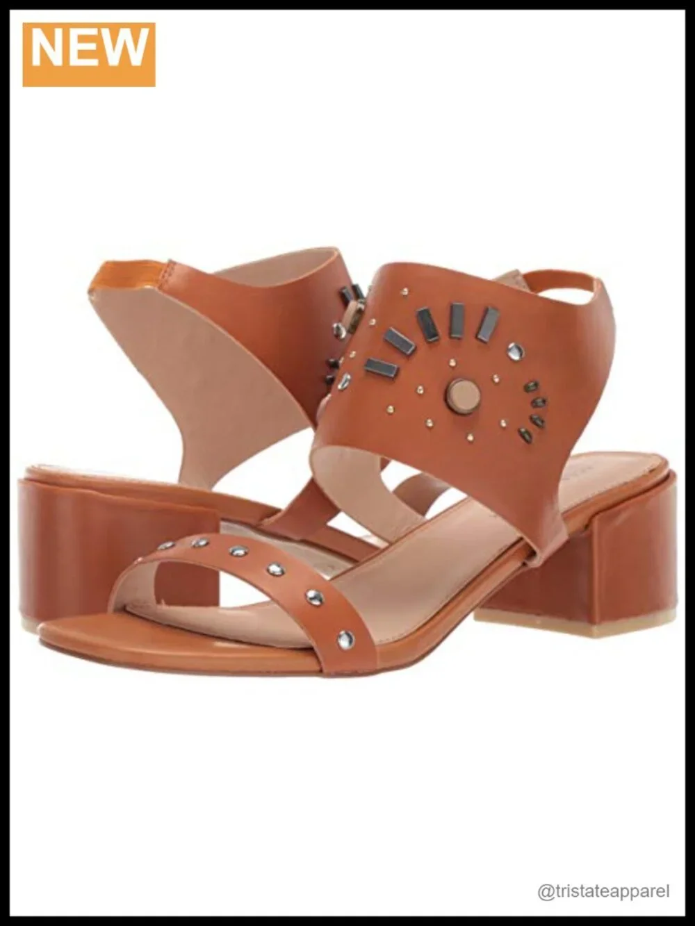 Genuine Leather Heeled Sandal Elastic Ankle Strap Metal Stud Block Mid Heel